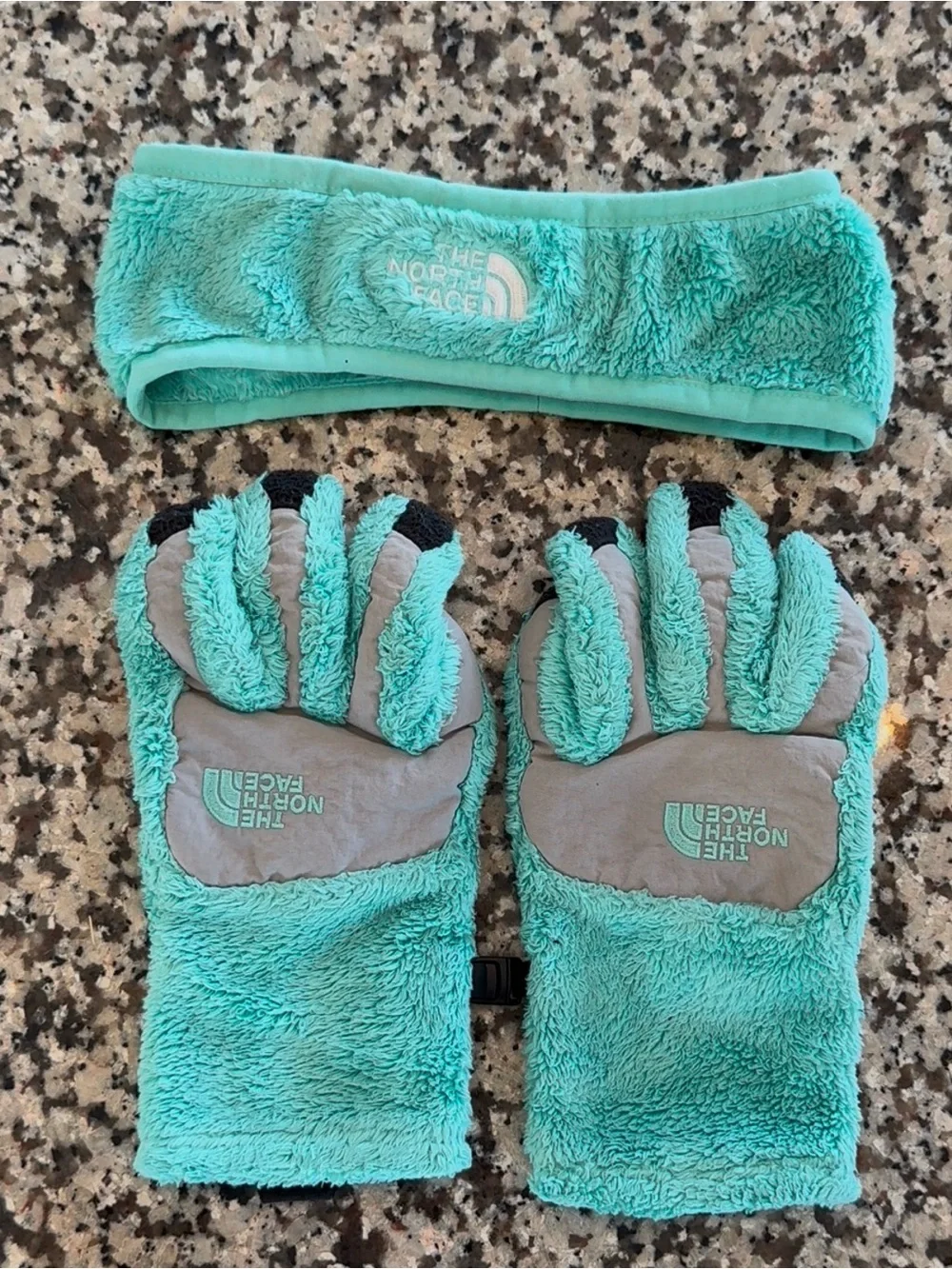 The North Face Girls Teal Fleece Gloves and Headband Set